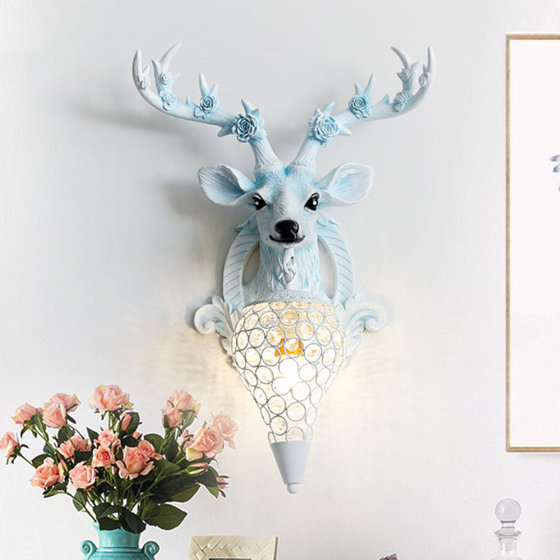 Rustic 1-Head Deer Wall Lamp With Crystal Shade In Gold/Grey/White Light Blue