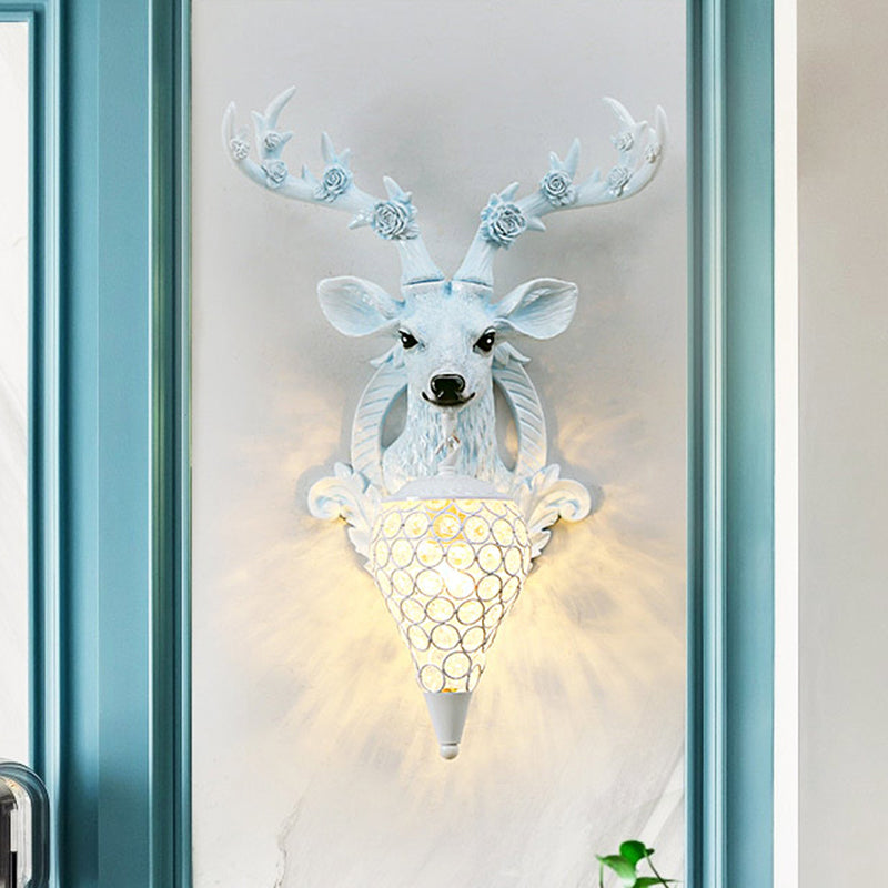 Rustic 1-Head Deer Wall Lamp With Crystal Shade In Gold/Grey/White