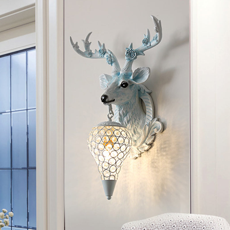 Rustic 1-Head Deer Wall Lamp With Crystal Shade In Gold/Grey/White