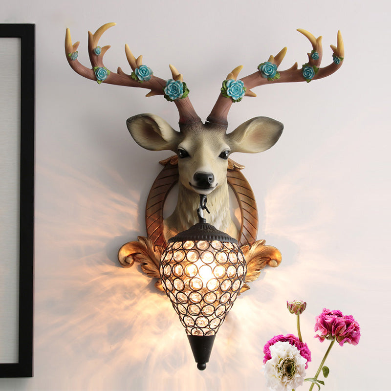 Rustic 1-Head Deer Wall Lamp With Crystal Shade In Gold/Grey/White Grey