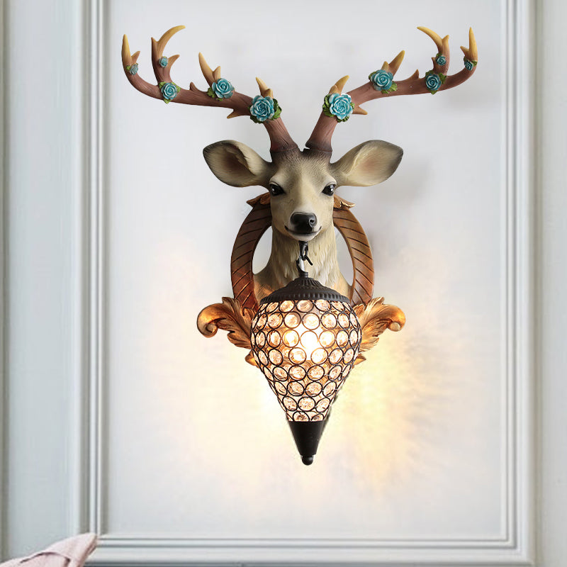 Rustic 1-Head Deer Wall Lamp With Crystal Shade In Gold/Grey/White