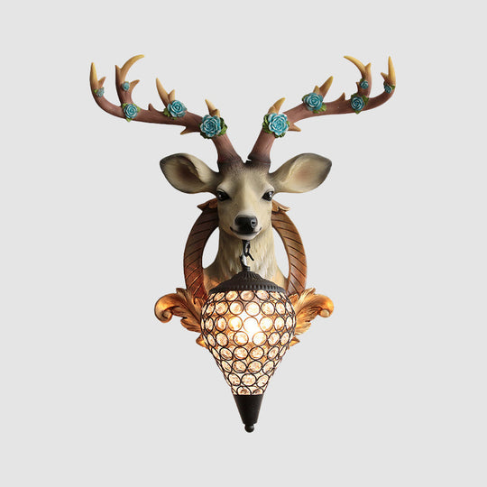 Rustic 1-Head Deer Wall Lamp With Crystal Shade In Gold/Grey/White