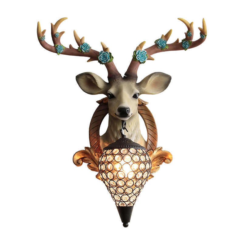 Rustic 1-Head Deer Wall Lamp With Crystal Shade In Gold/Grey/White