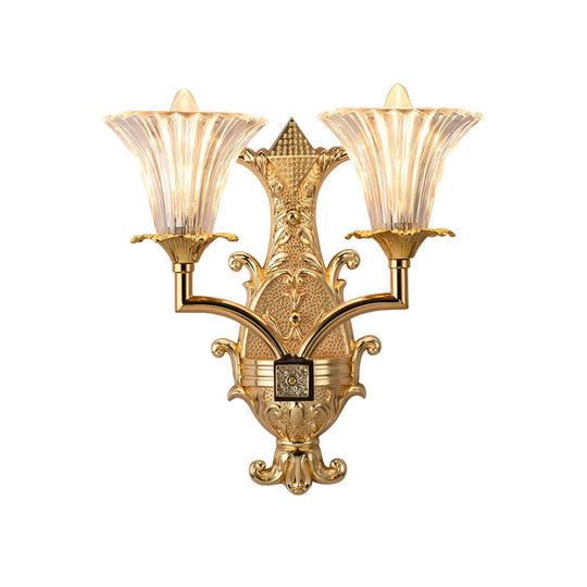 Gold Wall Lamp: Clear Fluted Glass Tapered Design 2-Light Rustic Style Fixture