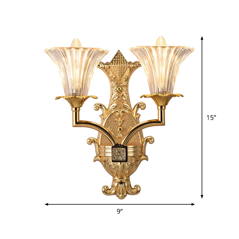 Gold Wall Lamp: Clear Fluted Glass Tapered Design 2-Light Rustic Style Fixture