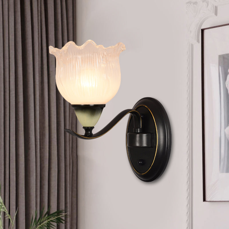 Vintage Blossom Sconce Lamp - Opal Ribbed Glass Wall Lighting In Black 1 /