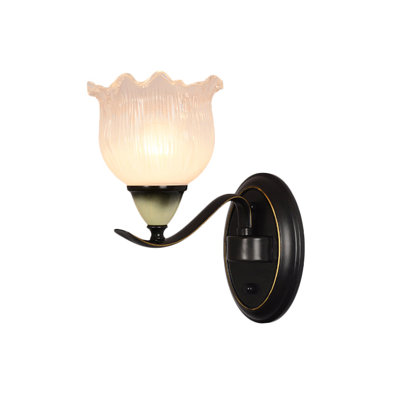 Vintage Blossom Sconce Lamp - Opal Ribbed Glass Wall Lighting In Black