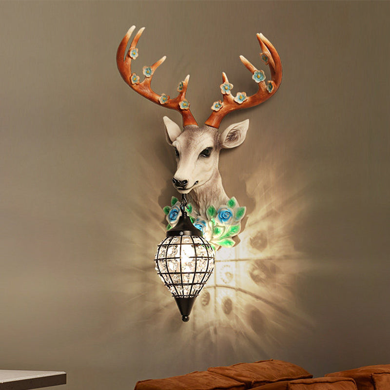 Faceted Crystal Sphere Wall Sconce Light - Black/White 1-Head Lamp With Elk Decor In Grey/Yellow