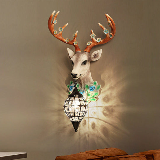 Faceted Crystal Sphere Wall Sconce Light - Black/White 1-Head Lamp With Elk Decor In Grey/Yellow