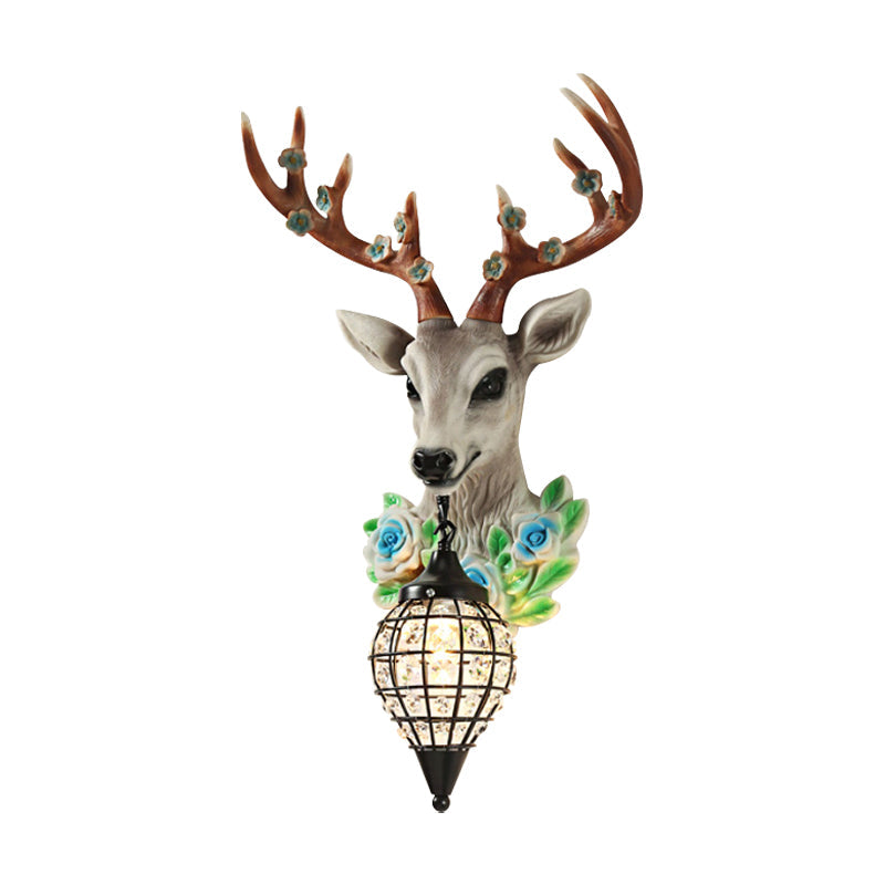 Faceted Crystal Sphere Wall Sconce Light - Black/White 1-Head Lamp With Elk Decor In Grey/Yellow