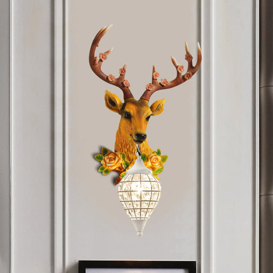 Faceted Crystal Sphere Wall Sconce Light - Black/White 1-Head Lamp With Elk Decor In Grey/Yellow