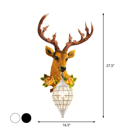 Faceted Crystal Sphere Wall Sconce Light - Black/White 1-Head Lamp With Elk Decor In Grey/Yellow