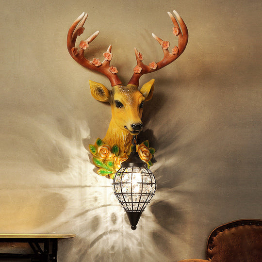 Faceted Crystal Sphere Wall Sconce Light - Black/White 1-Head Lamp With Elk Decor In Grey/Yellow