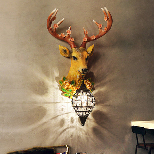 Faceted Crystal Sphere Wall Sconce Light - Black/White 1-Head Lamp With Elk Decor In Grey/Yellow