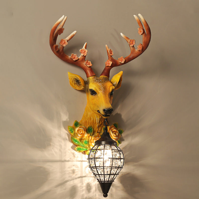 Faceted Crystal Sphere Wall Sconce Light - Black/White 1-Head Lamp With Elk Decor In Grey/Yellow