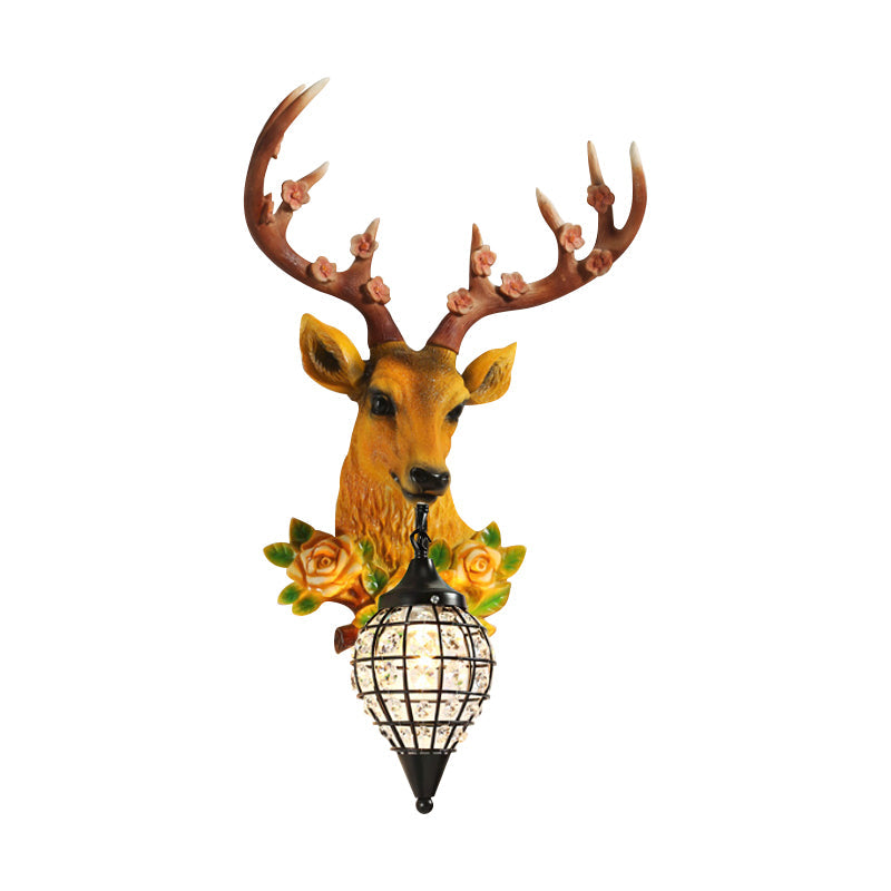 Faceted Crystal Sphere Wall Sconce Light - Black/White 1-Head Lamp With Elk Decor In Grey/Yellow