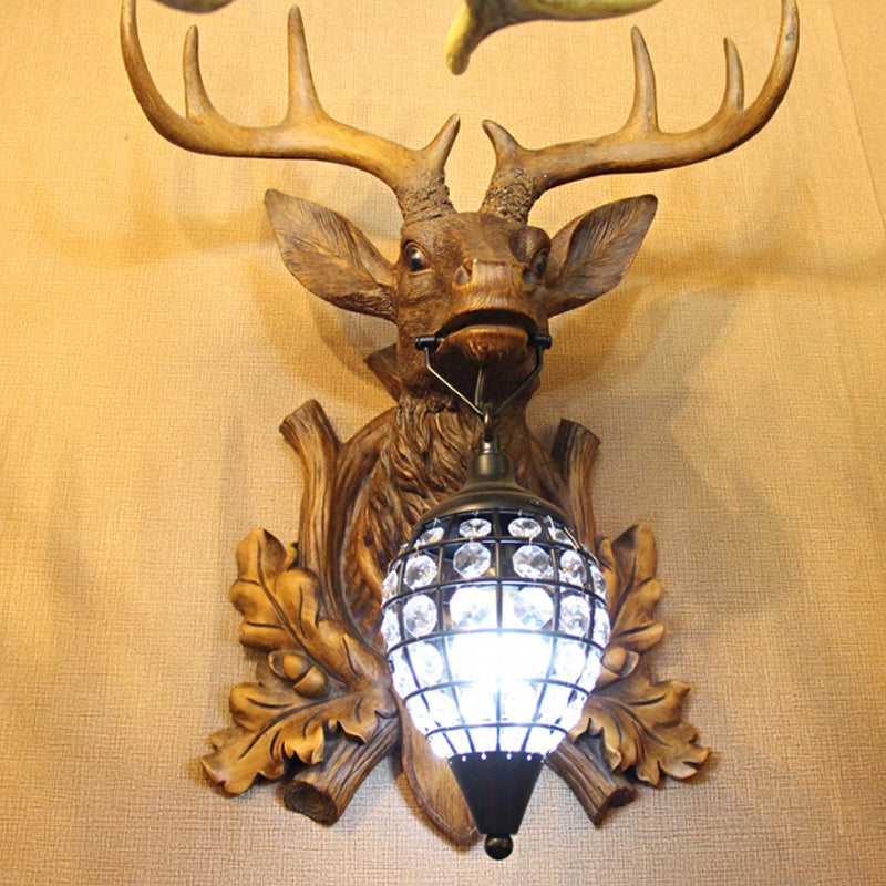 Classic Resin Deer Head Wall Sconce With Clear Teardrop Crystal Shade Brown