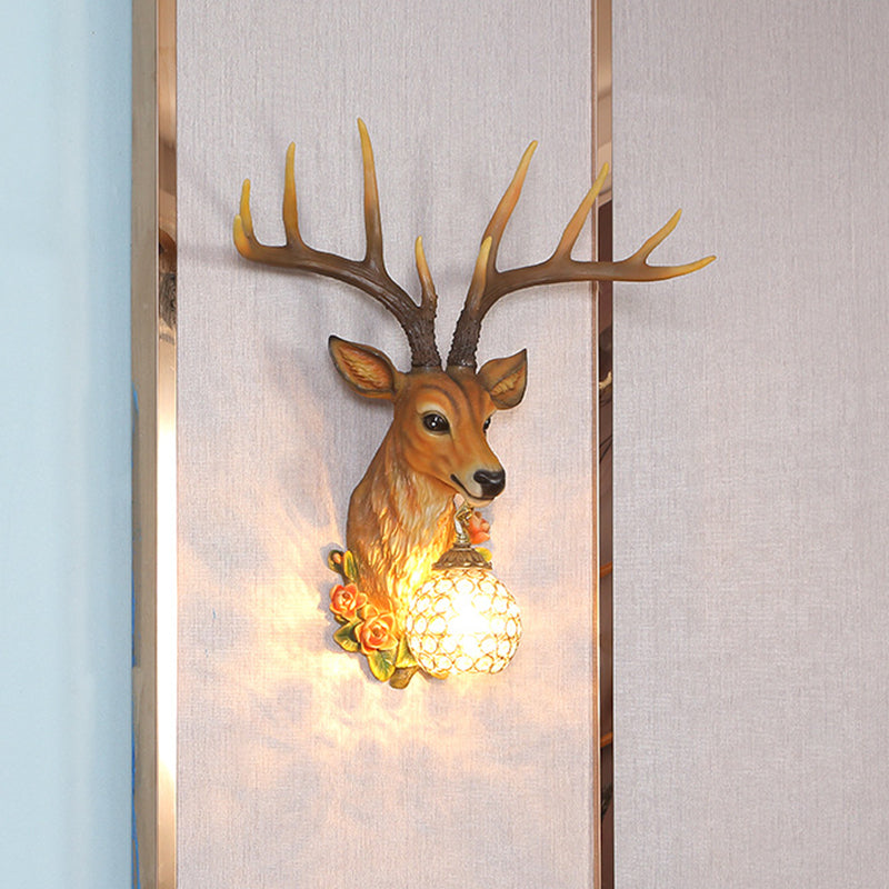 Sika Deer Resin Wall Light: Countryside 1-Head Floral Sconce With Crystal Shade - White/Brown/Bronze