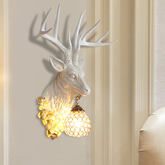 Sika Deer Resin Wall Light: Countryside 1-Head Floral Sconce With Crystal Shade - White/Brown/Bronze