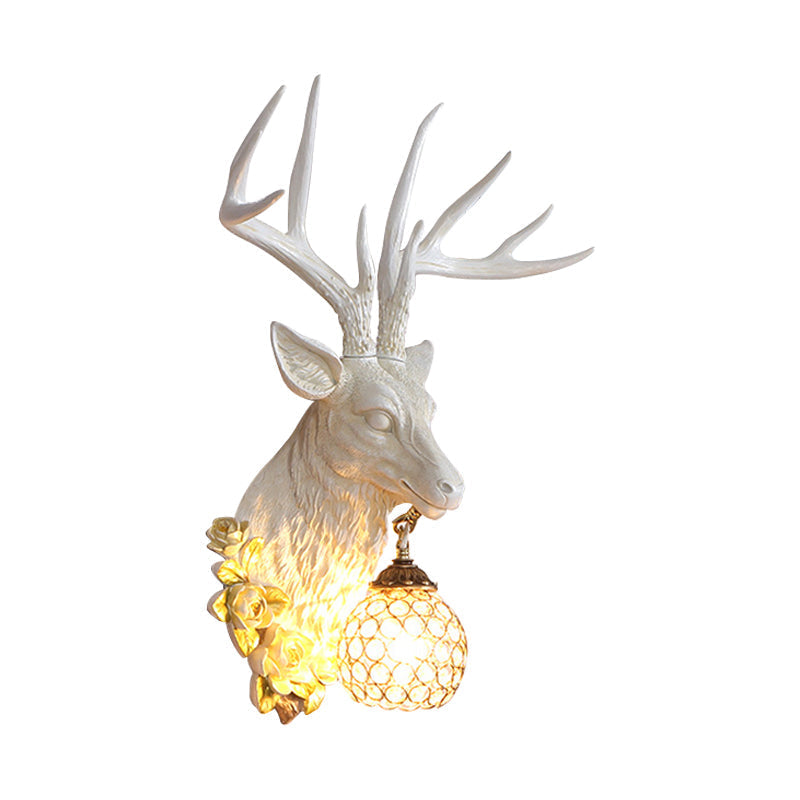 Sika Deer Resin Wall Light: Countryside 1-Head Floral Sconce With Crystal Shade - White/Brown/Bronze