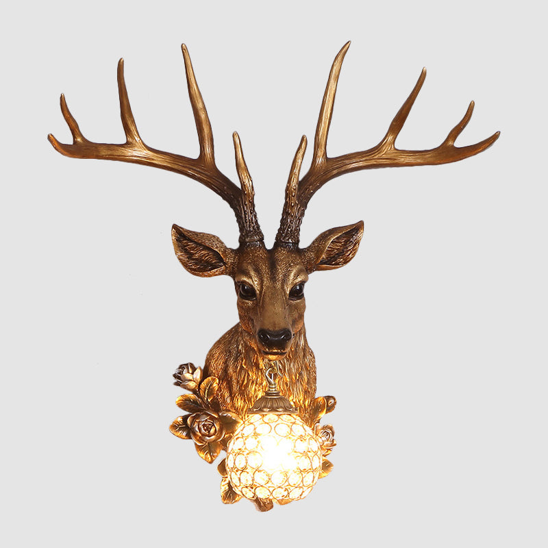 Sika Deer Resin Wall Light: Countryside 1-Head Floral Sconce With Crystal Shade - White/Brown/Bronze