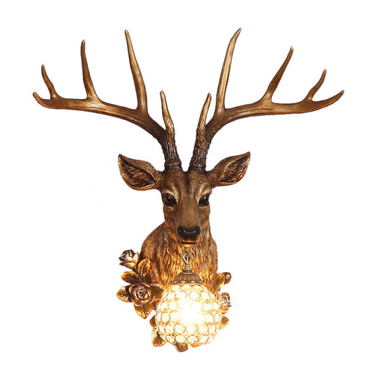 Sika Deer Resin Wall Light: Countryside 1-Head Floral Sconce With Crystal Shade - White/Brown/Bronze