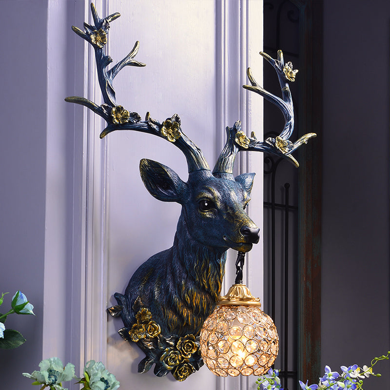 Country Style Resin Deer And Flower Wall Lamp With Faceted Clear Crystal Shade