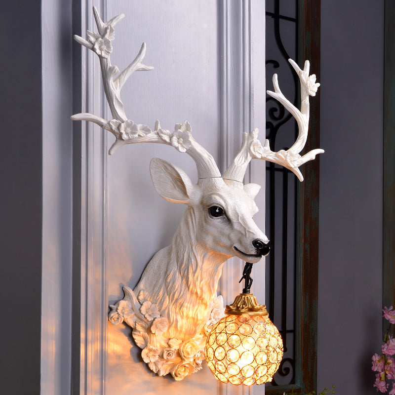 Country Style Resin Deer And Flower Wall Lamp With Faceted Clear Crystal Shade White