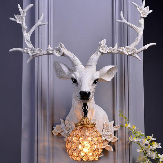 Country Style Resin Deer And Flower Wall Lamp With Faceted Clear Crystal Shade