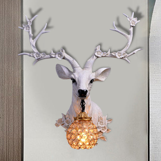 Country Style Resin Deer And Flower Wall Lamp With Faceted Clear Crystal Shade