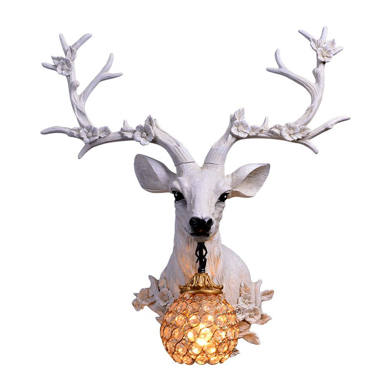 Country Style Resin Deer And Flower Wall Lamp With Faceted Clear Crystal Shade