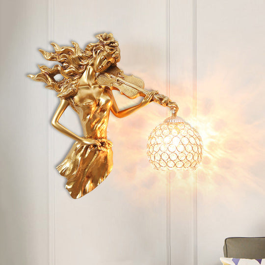 Antiqued Girl With Violin Wall Lamp: Single Bulb Resin Sconce Clear Crystal Shade In White/Gold