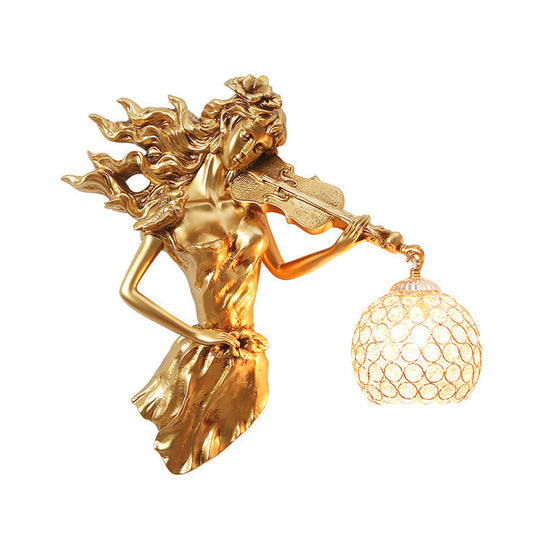 Antiqued Girl With Violin Wall Lamp: Single Bulb Resin Sconce Clear Crystal Shade In White/Gold