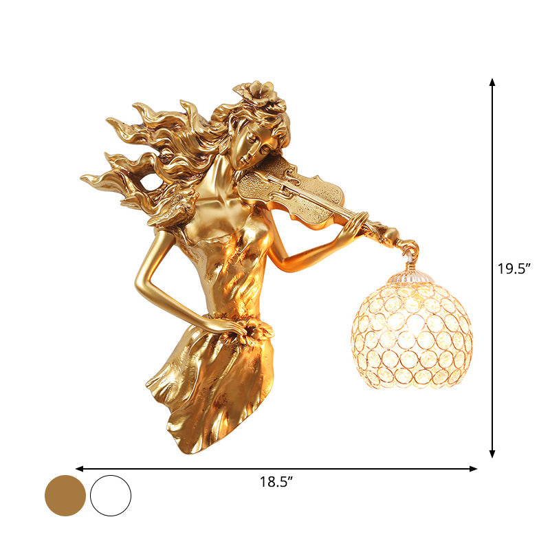 Antiqued Girl With Violin Wall Lamp: Single Bulb Resin Sconce Clear Crystal Shade In White/Gold