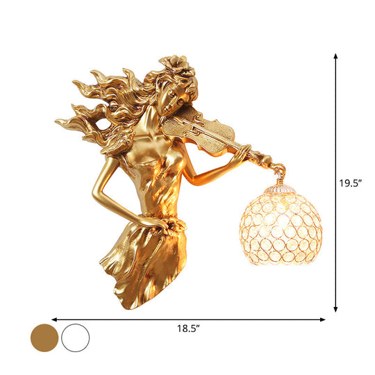 Antiqued Girl With Violin Wall Lamp: Single Bulb Resin Sconce Clear Crystal Shade In White/Gold