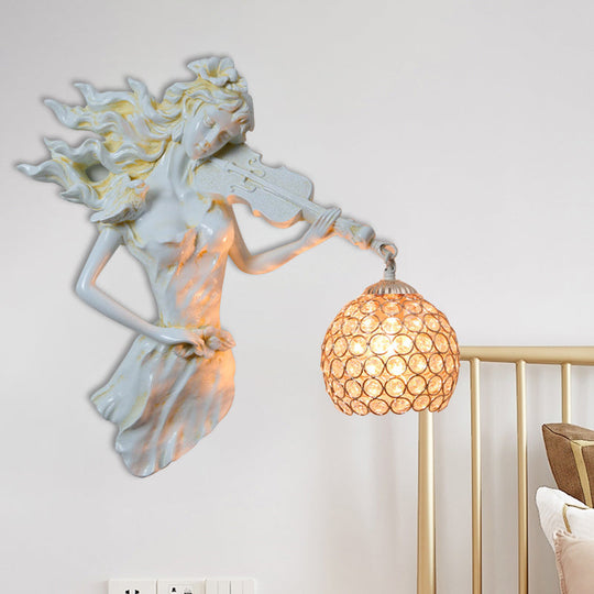 Antiqued Girl With Violin Wall Lamp: Single Bulb Resin Sconce Clear Crystal Shade In White/Gold