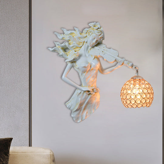 Antiqued Girl With Violin Wall Lamp: Single Bulb Resin Sconce Clear Crystal Shade In White/Gold