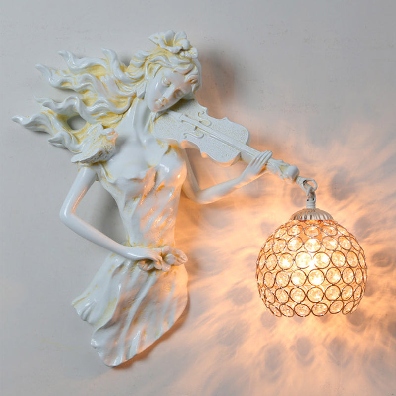 Antiqued Girl With Violin Wall Lamp: Single Bulb Resin Sconce Clear Crystal Shade In White/Gold