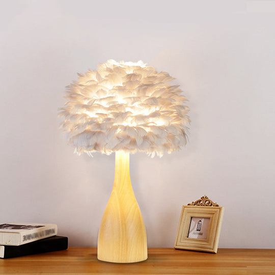 Haedus - Feather Rounded Study Room Night Table Lamp Feather 1-Head Minimalist Desk Light with Bottle Wood Base in White