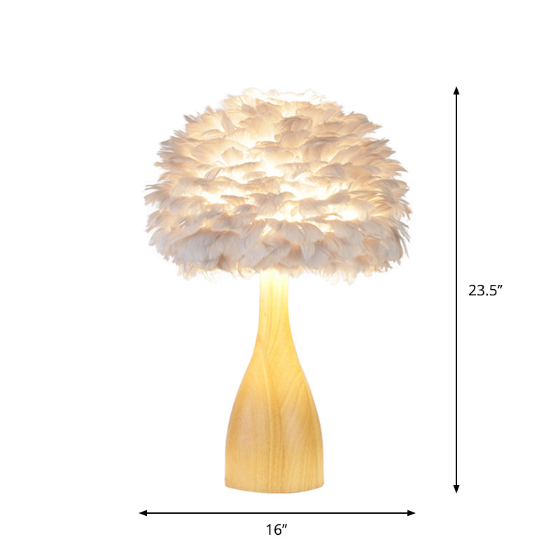 Haedus - Feather Rounded Study Room Night Table Lamp Feather 1-Head Minimalist Desk Light with Bottle Wood Base in White