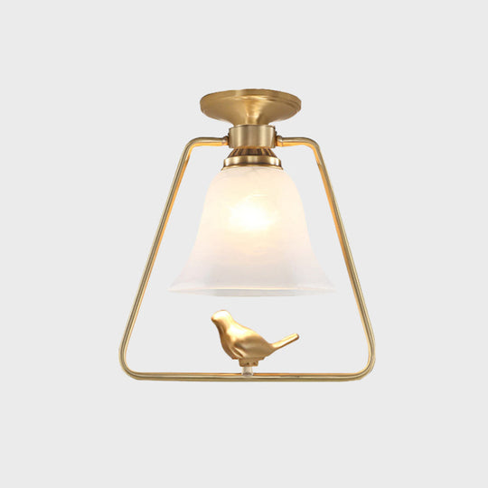 Antique Gold Frosted Glass Ceiling Light: Bell-Shaped Vintage Semi Flush With Cage & Bird Design