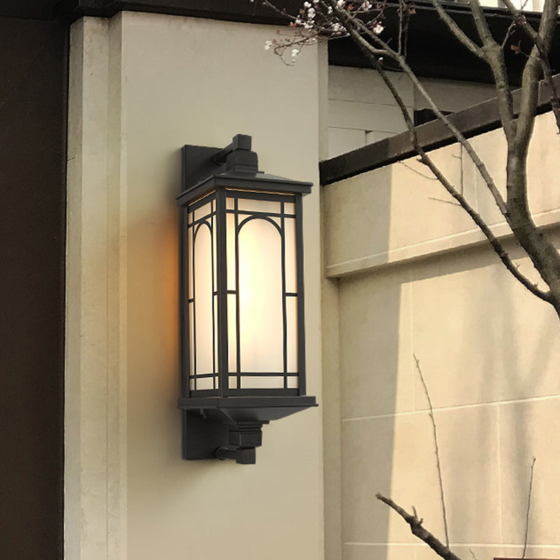 Classic Style Black Lantern Wall Sconce With Opaline Glass - 1-Light Lodge Mount Lighting