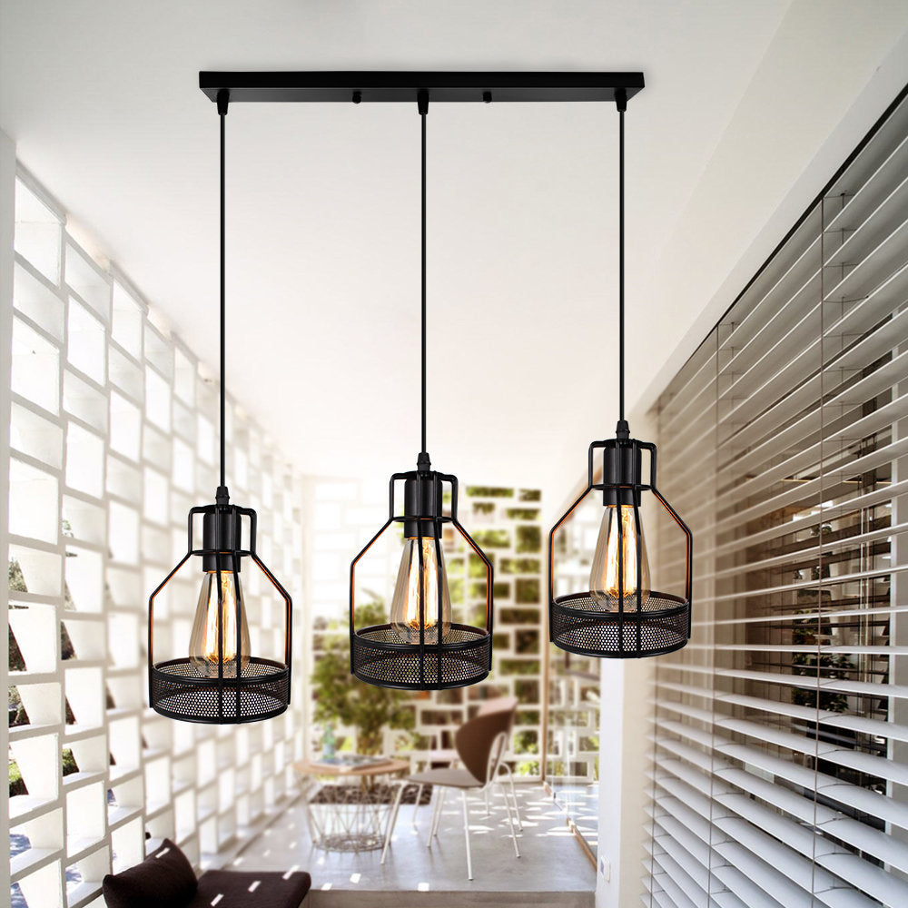 Industrial Style Metallic Black Wire Cage Pendant Light With 3 Heads - Perfect For Foyer Suspension