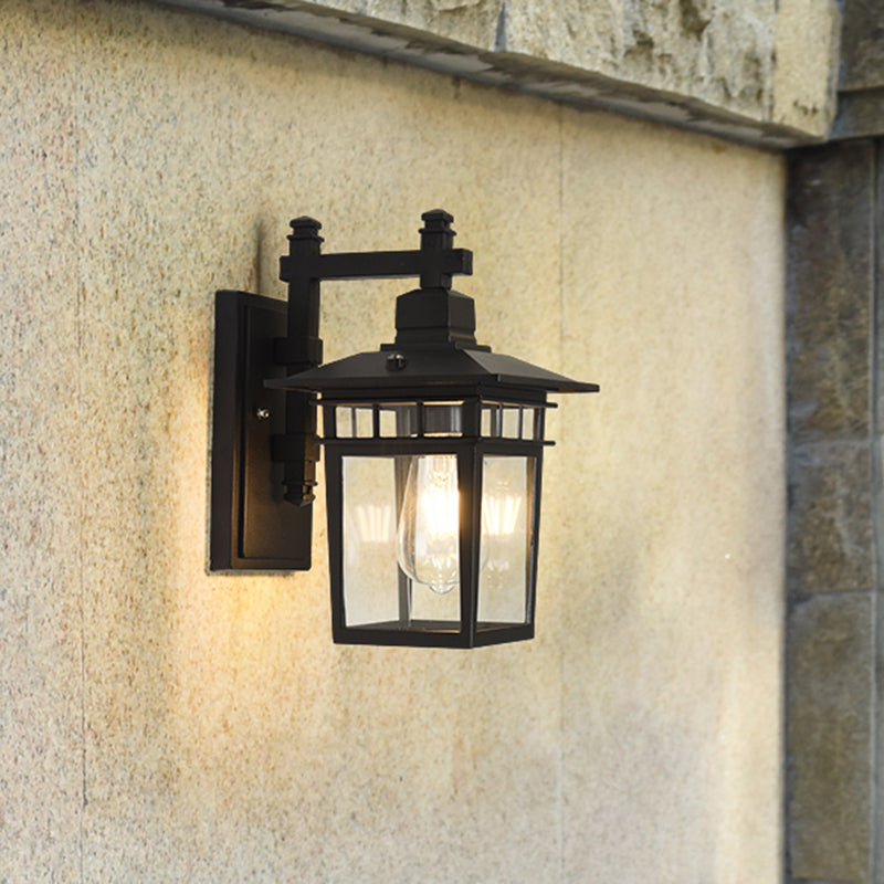 Industrial Outdoor Wall Lamp: Pavilion Clear Glass Mounted Light In Black - 1-Bulb