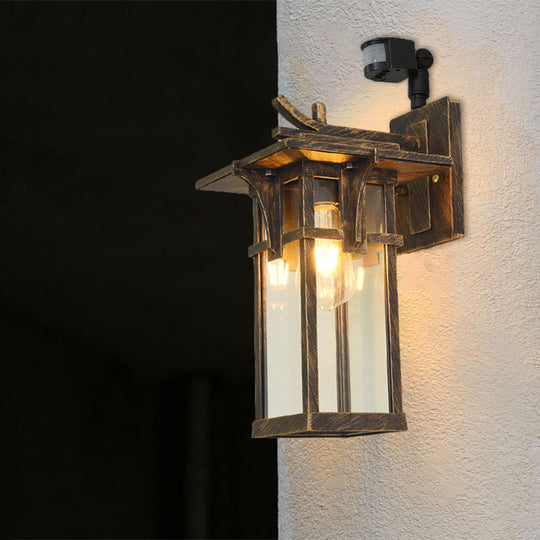 Industrial Outdoor Wall Sconce - Black/Brass Finish Clear Water Glass 1-Light