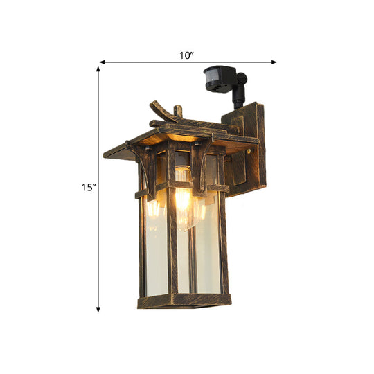 Industrial Outdoor Wall Sconce - Black/Brass Finish Clear Water Glass 1-Light