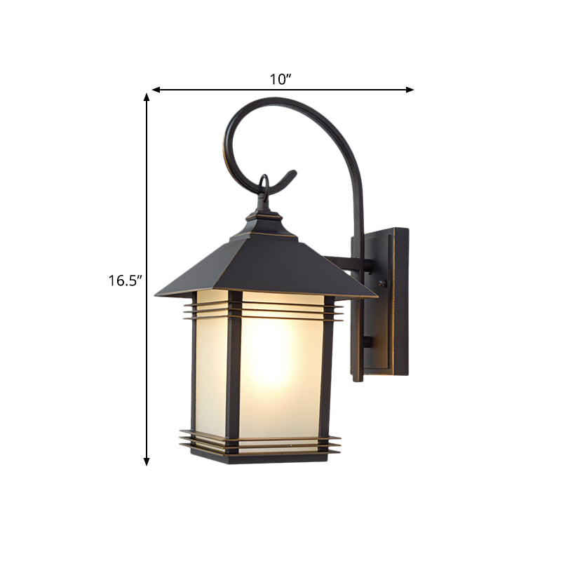 Rustic Black Lantern Wall Lamp: Opaque Glass Outdoor 1-Light Fixture