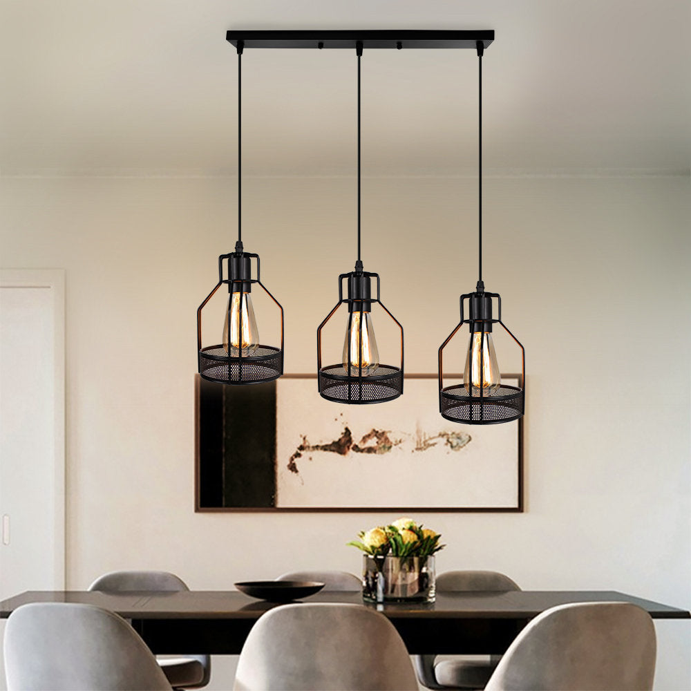 Industrial Style Metallic Black Wire Cage Pendant Light With 3 Heads - Perfect For Foyer Suspension