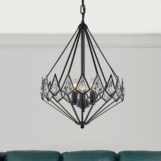 Modern Diamond Suspension Pendant Chandelier with 3 Metallic Heads and Crystal Encrustation in Black - Elegant Parlor Hanging Light