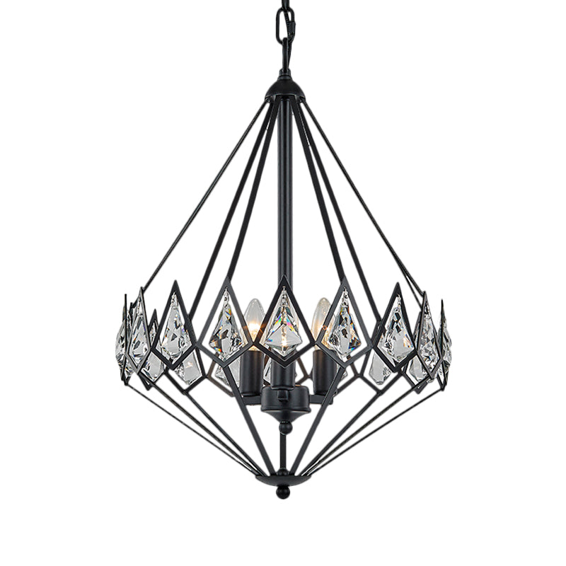 Modern Diamond Suspension Pendant Chandelier with 3 Metallic Heads and Crystal Encrustation in Black - Elegant Parlor Hanging Light